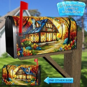 Stained Glass Autumn House Rural Farm Mailbox Cover