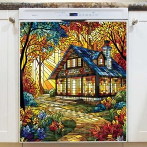Stained Glass Autumn House Magnetic Dishwasher Door Cover