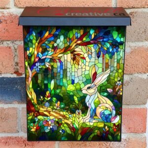Stained Glass Rabbit in the Forest Colonial Mailbox Cover
