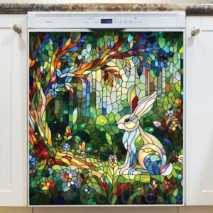 Stained Glass Rabbit in the Forest Magnetic Dishwasher Door Cover