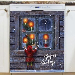 Little Christmas Elf at the Window Magnetic Dishwasher Door Cover