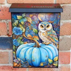 Whimsical Owl on a Blue Pumpkin Colonial Mailbox Cover