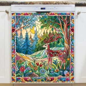 Stained Glass Deer in the Meadow Magnetic Dishwasher Door Cover