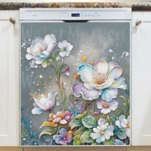 Cute Whimsical White Flowers Magnetic Dishwasher Door Cover