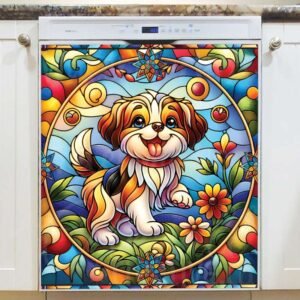 Stained Glass Summer Puppy 2 Magnetic Dishwasher Door Cover