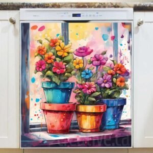 Colorful Flowerpots at the Window Magnetic Dishwasher Door Cover