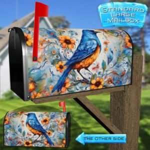 Blue and Yellow Bird with Flowers Rural Farm Mailbox Cover