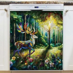 Fantasy Stained Glass Deer Magnetic Dishwasher Door Cover