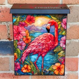 Stained Glass Sunset Flamingo Colonial Mailbox Cover