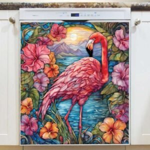 Stained Glass Sunset Flamingo Magnetic Dishwasher Door Cover