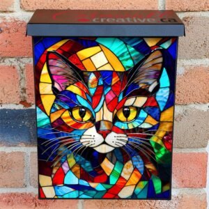 Stained Glass Colorful Cat Portrait Colonial Mailbox Cover