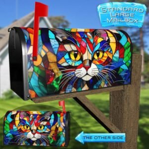 Stained Glass Colorful Cat Portrait Rural Farm Mailbox Cover