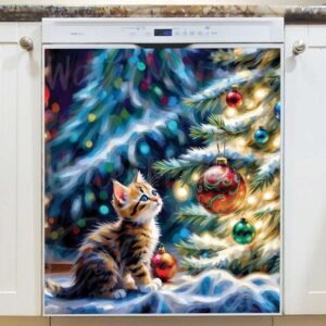 Kitten and Shiny Christmas Ornaments Magnetic Dishwasher Door Cover