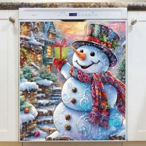 Cute Victorian Snowman with a Gift Magnetic Dishwasher Door Cover