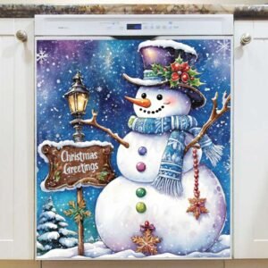 Christmas Snowman with a Greeting Sign Magnetic Dishwasher Door Cover