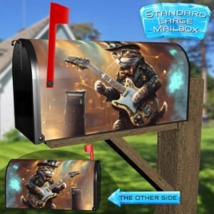 Cool Steampunk Cat Playing on Guitar Rural Farm Mailbox Cover