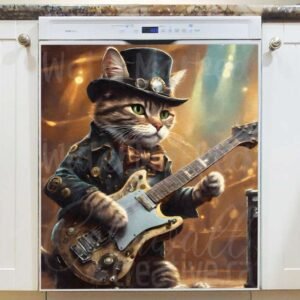 Cool Steampunk Cat Playing on Guitar Magnetic Dishwasher Door Cover