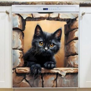 Black Kitten in the Garden Wall Hole Magnetic Dishwasher Door Cover