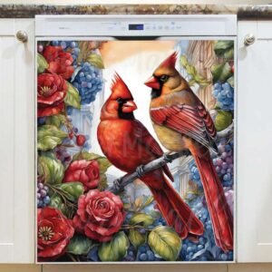 Cardinal Couple on a Rose Bush Magnetic Dishwasher Door Cover