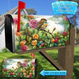 Cute Bird on a Rose Bush Rural Farm Mailbox Cover