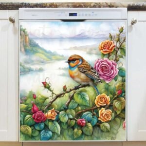 Cute Bird on a Rose Bush Magnetic Dishwasher Door Cover