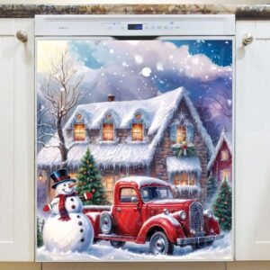 Red Christmas Truck with Snowman Magnetic Dishwasher Door Cover