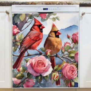 Gorgeous Cardinals and Roses Magnetic Dishwasher Door Cover
