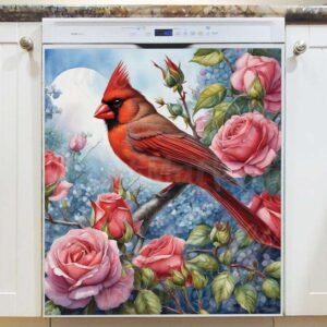 Cardinal and Pink Roses Magnetic Dishwasher Door Cover