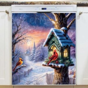Winter Cardinals and Birdhouse Magnetic Dishwasher Door Cover