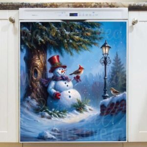 Cute Snowman with Winter Birds Magnetic Dishwasher Door Cover