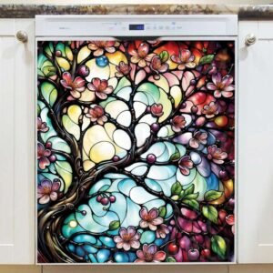 Blooming Stained Glass Cherry Tree Magnetic Dishwasher Door Cover