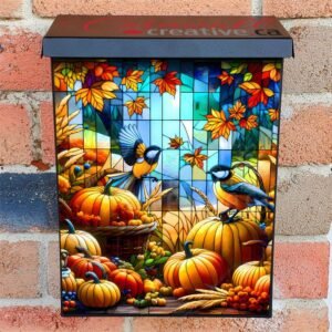 Stained Glass Thanksgiving Chickadees  Colonial Mailbox Cover