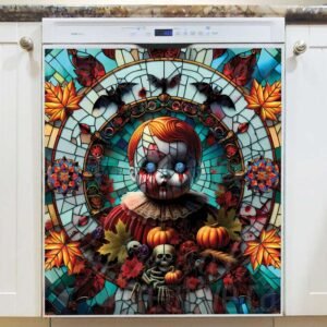 Creepy Stained Glass Halloween Doll Magnetic Dishwasher Door Cover