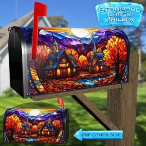 Stained Glass Autumn Village Rural Farm Mailbox Cover