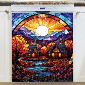 Stained Glass Autumn Village Magnetic Dishwasher Door Cover