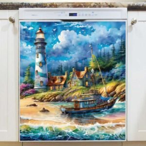Lighthouse and Fishing Boat Magnetic Dishwasher Door Cover