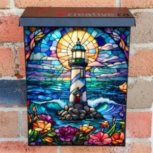 Stained Glass Lighthouse and Flowers Colonial Mailbox Cover