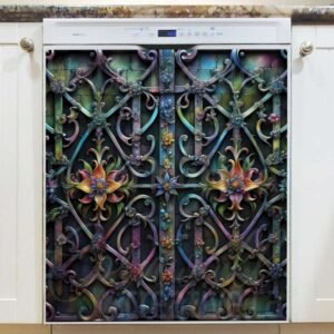Forged Iron Gate and Flowers Magnetic Dishwasher Door Cover