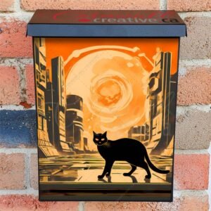 Retro Atomic Black Cat in the City Colonial Mailbox Cover