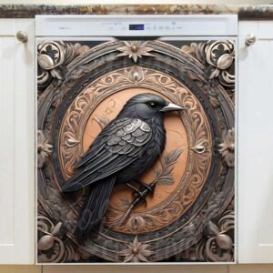 Tooled Leather Raven Magnetic Dishwasher Door Cover