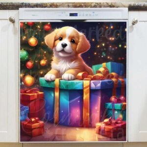 Cute Christmas Puppy with Gifts Magnetic Dishwasher Door Cover
