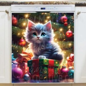 Cute Kitten Under the Christmas Tree Magnetic Dishwasher Door Cover