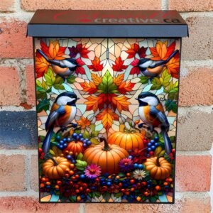 Stained Glass Autumn Chickadees and Pumpkins Colonial Mailbox Cover