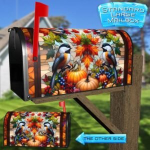 Stained Glass Autumn Chickadees and Pumpkins Rural Farm Mailbox Cover