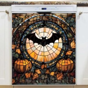 Stained Glass Halloween Bat and Pumpkins Magnetic Dishwasher Door Cover