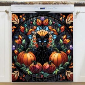 Stained Glass Halloween Black Cat Magnetic Dishwasher Door Cover