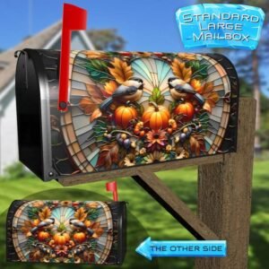 Stained Glass Autumn Chickadees with Pumpkins Rural Farm Mailbox Cover