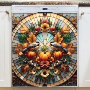 Stained Glass Autumn Chickadees with Pumpkins Magnetic Dishwasher Door Cover