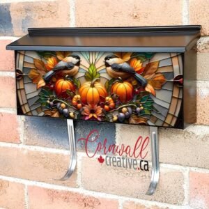 Stained Glass Autumn Chickadees with Pumpkins Wall-mounted Townhouse Mailbox Cover