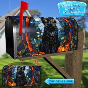 Stained Glass Autumn Cat and Pumpkins Rural Farm Mailbox Cover